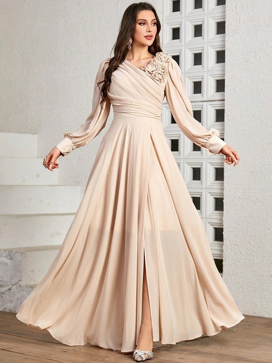 Beige 3D Flower Detail Fold Pleat Maxi Dress