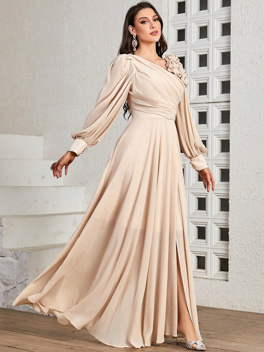 Beige 3D Flower Detail Fold Pleat Maxi Dress
