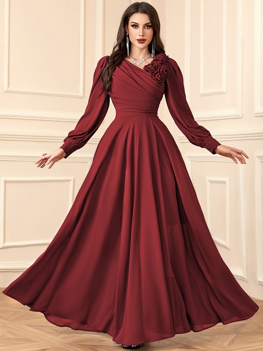 Maroon 3D Flower Detail Fold Pleat Maxi Dress For Default Category at Kuwait | Styli Maroon 3D Flower Detail Fold Pleat Maxi Dress For Default Category at Kuwait | Styli