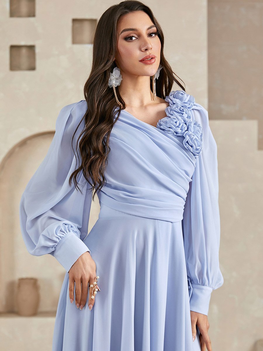 Blue 3D Flower Detail Fold Pleat Maxi Dress