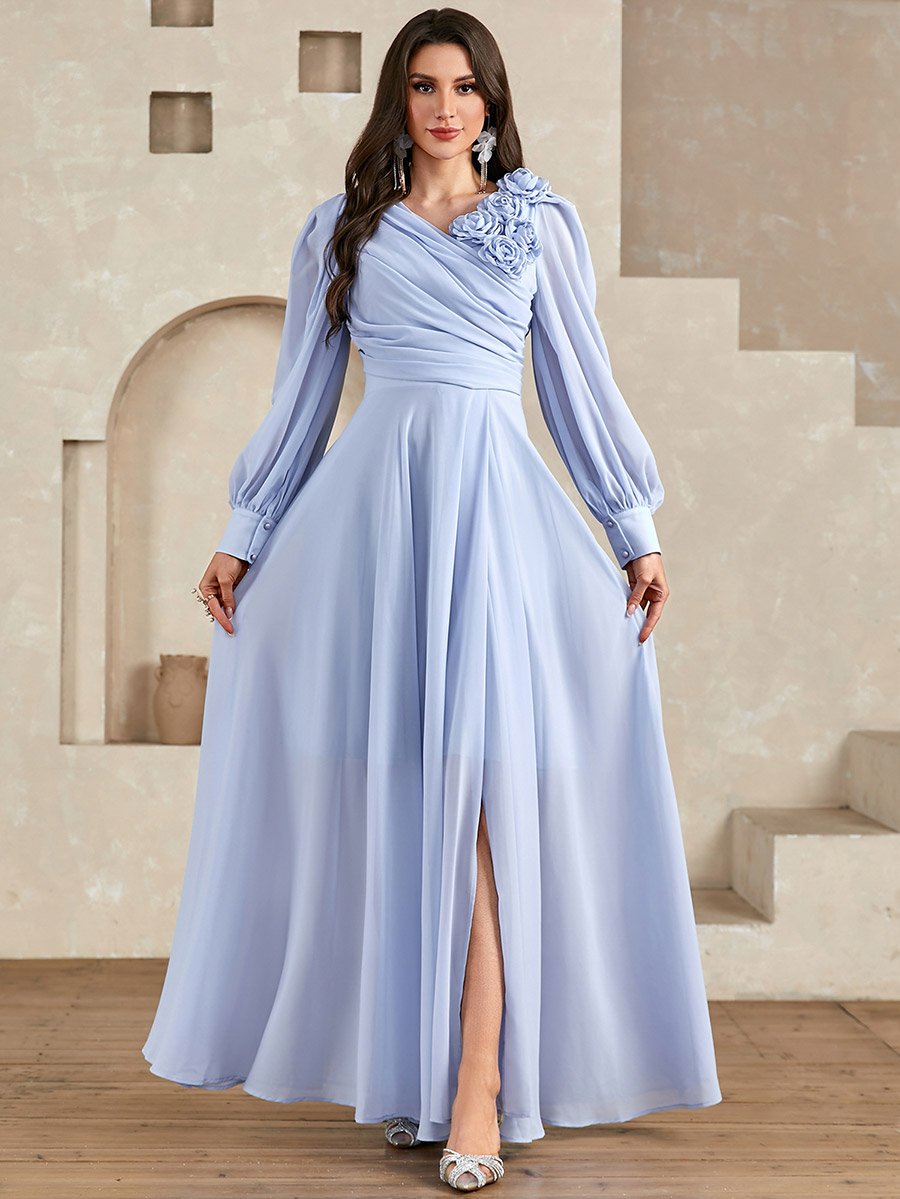 Blue 3D Flower Detail Fold Pleat Maxi Dress For Default Category at Kuwait | Styli Blue 3D Flower Detail Fold Pleat Maxi Dress For Default Category at Kuwait | Styli