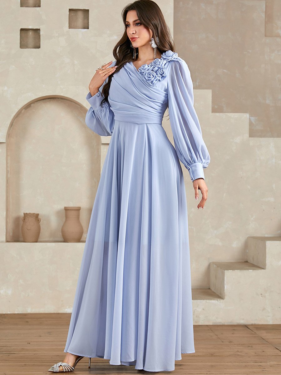 Blue 3D Flower Detail Fold Pleat Maxi Dress
