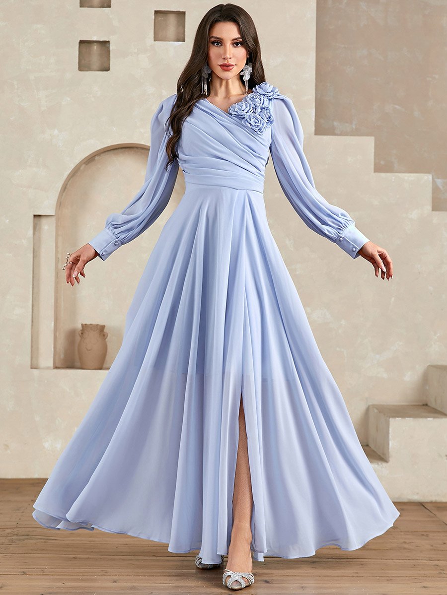 Blue 3D Flower Detail Fold Pleat Maxi Dress