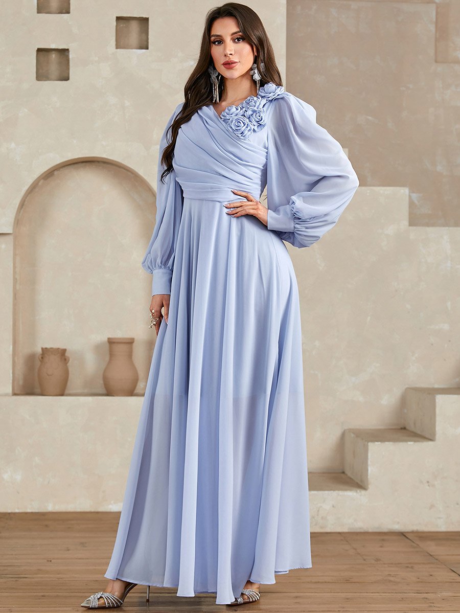Blue 3D Flower Detail Fold Pleat Maxi Dress