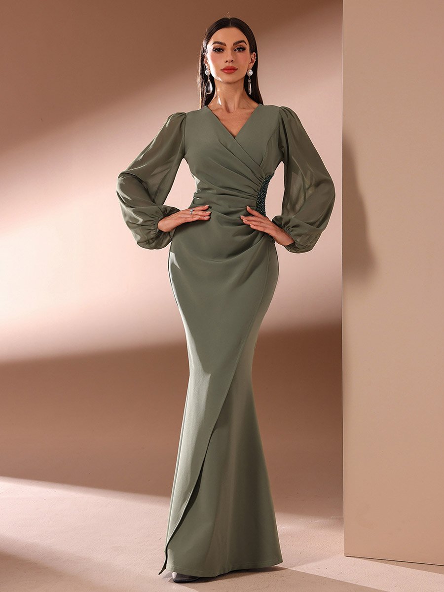 Women Ruched Embellished Mermaid Hem Maxi Dress