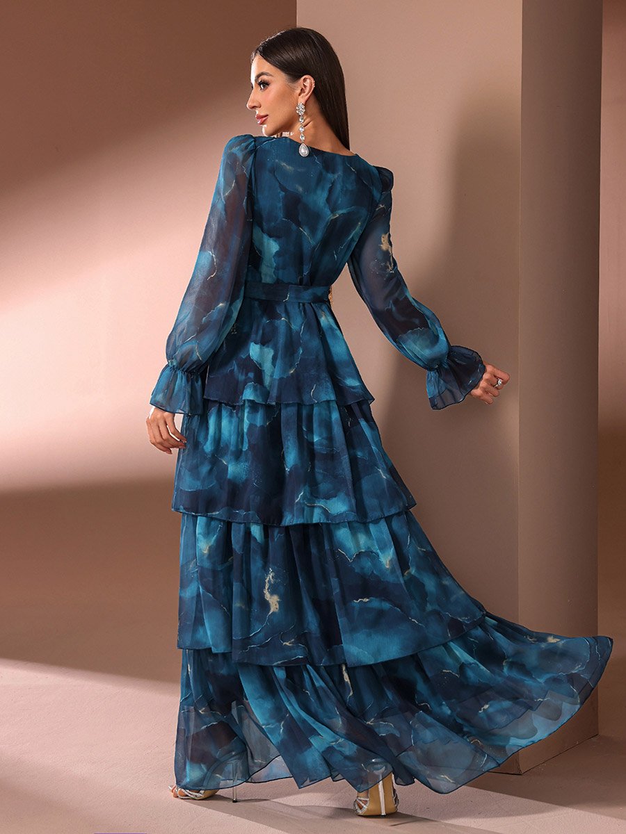 Women Tie Dye Print Tiered Maxi Dress