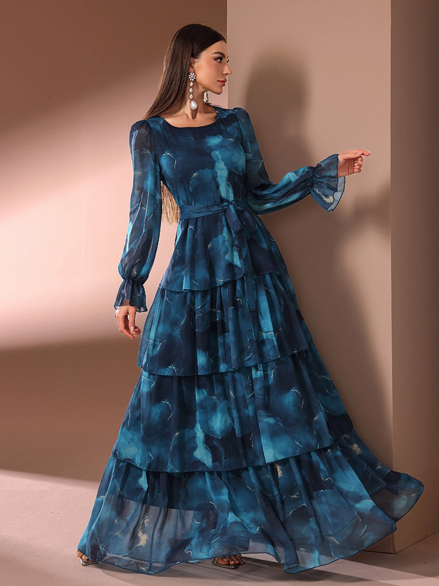 Women Tie Dye Print Tiered Maxi Dress