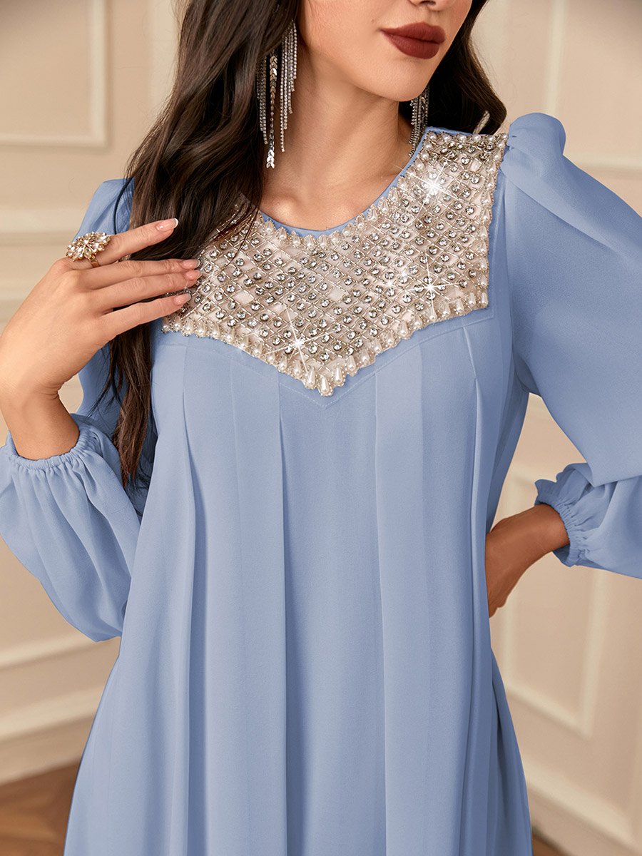 Blue Embellished Balloon Sleeve Maxi Dress