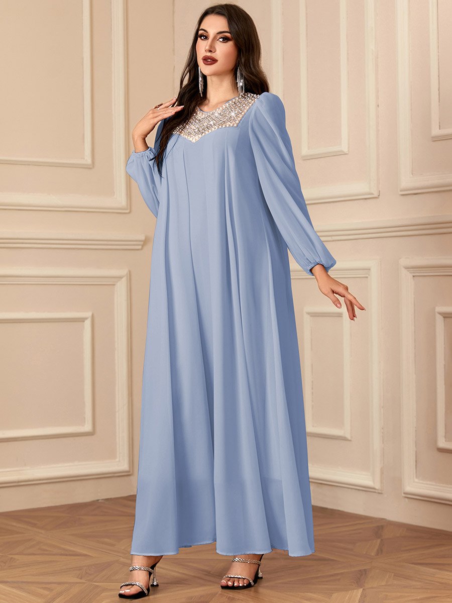 Blue Embellished Balloon Sleeve Maxi Dress