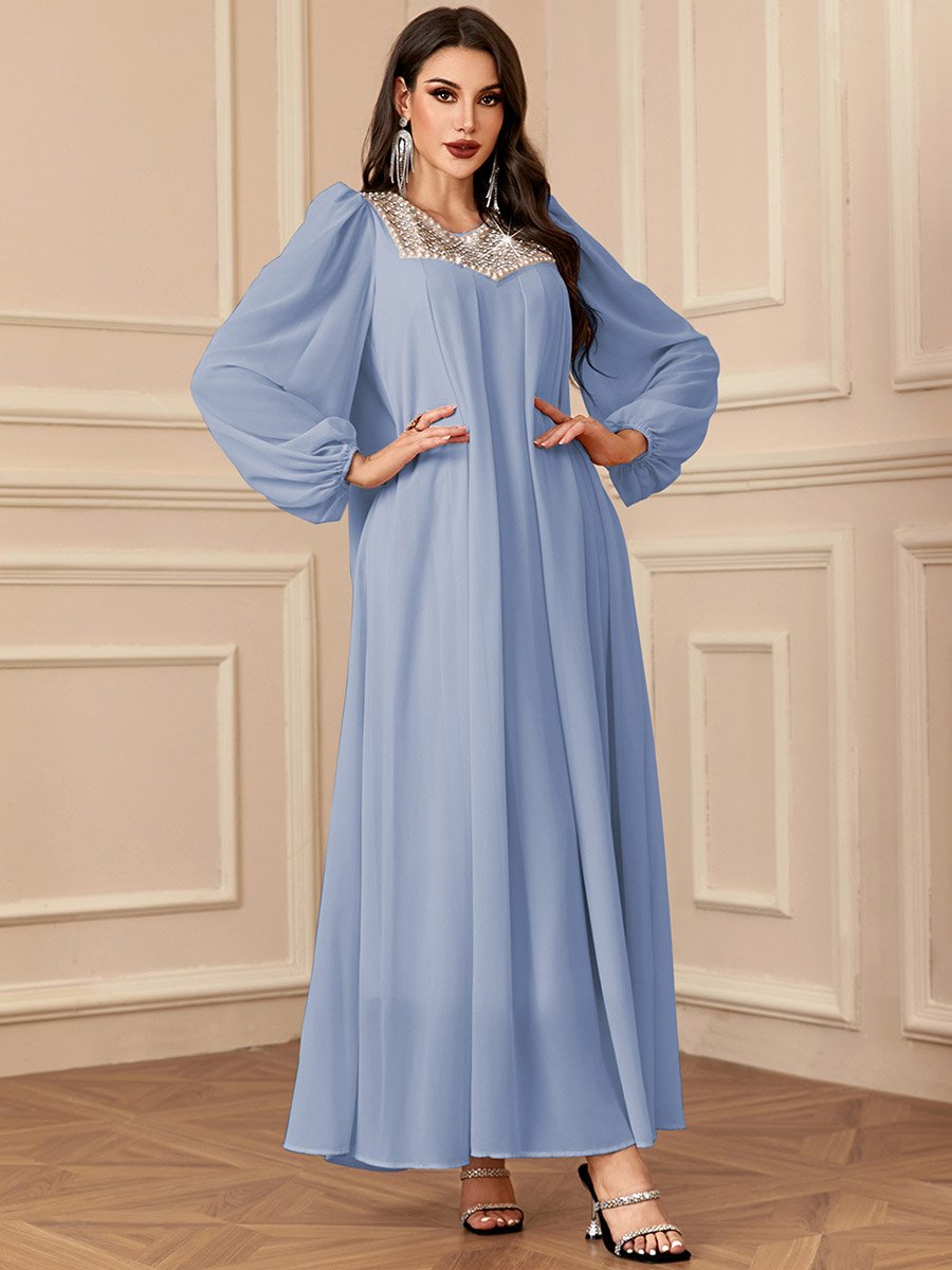 Blue Embellished Balloon Sleeve Maxi Dress