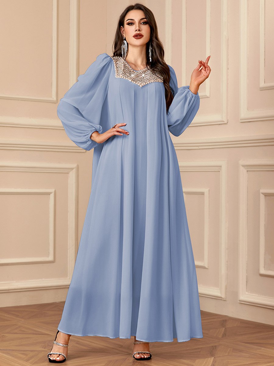 Blue Embellished Balloon Sleeve Maxi Dress