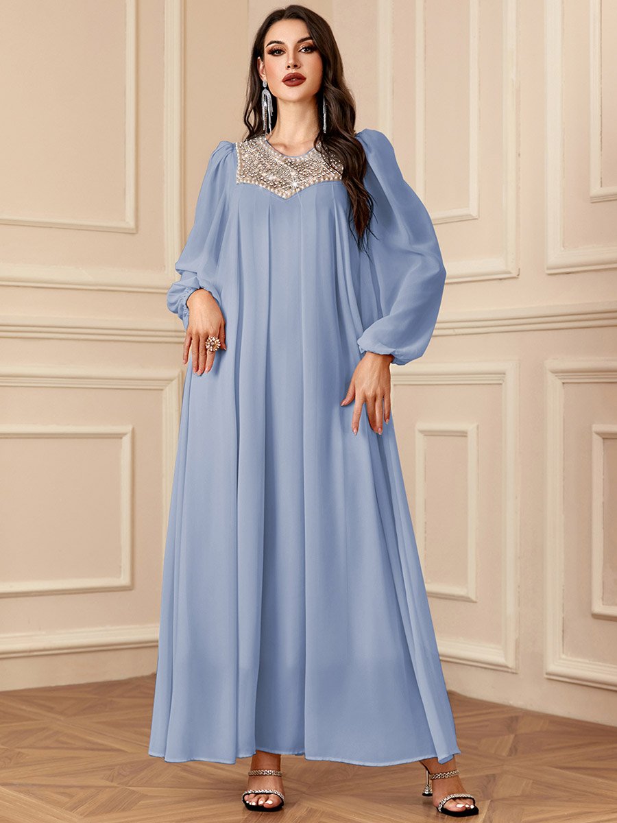 Blue Embellished Balloon Sleeve Maxi Dress