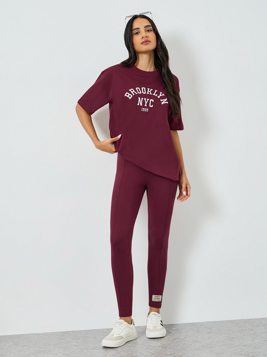 Burgundy Embroidered Oversized Cotton T-Shirt