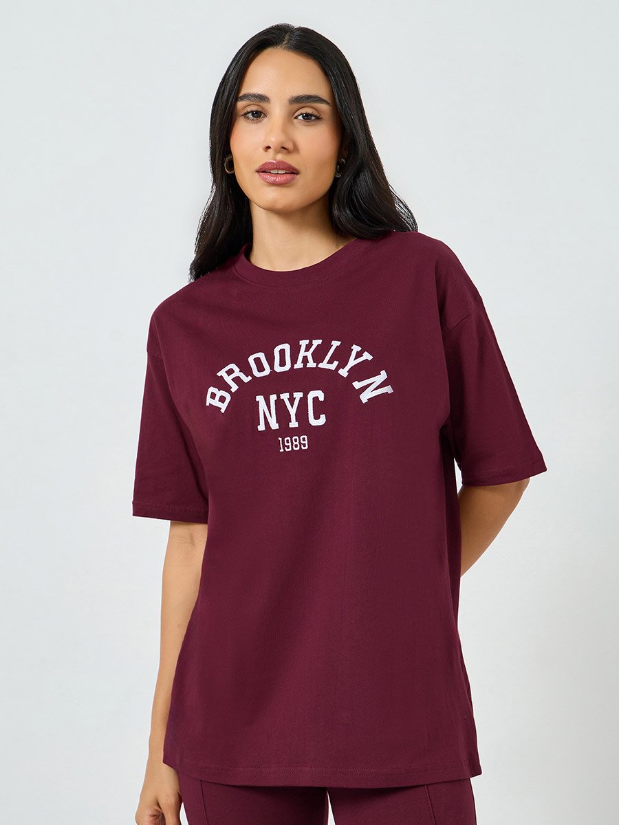 Burgundy Embroidered Oversized Cotton T-Shirt