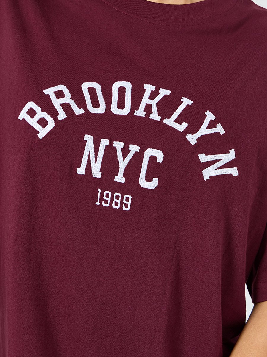 Burgundy Embroidered Oversized Cotton T-Shirt