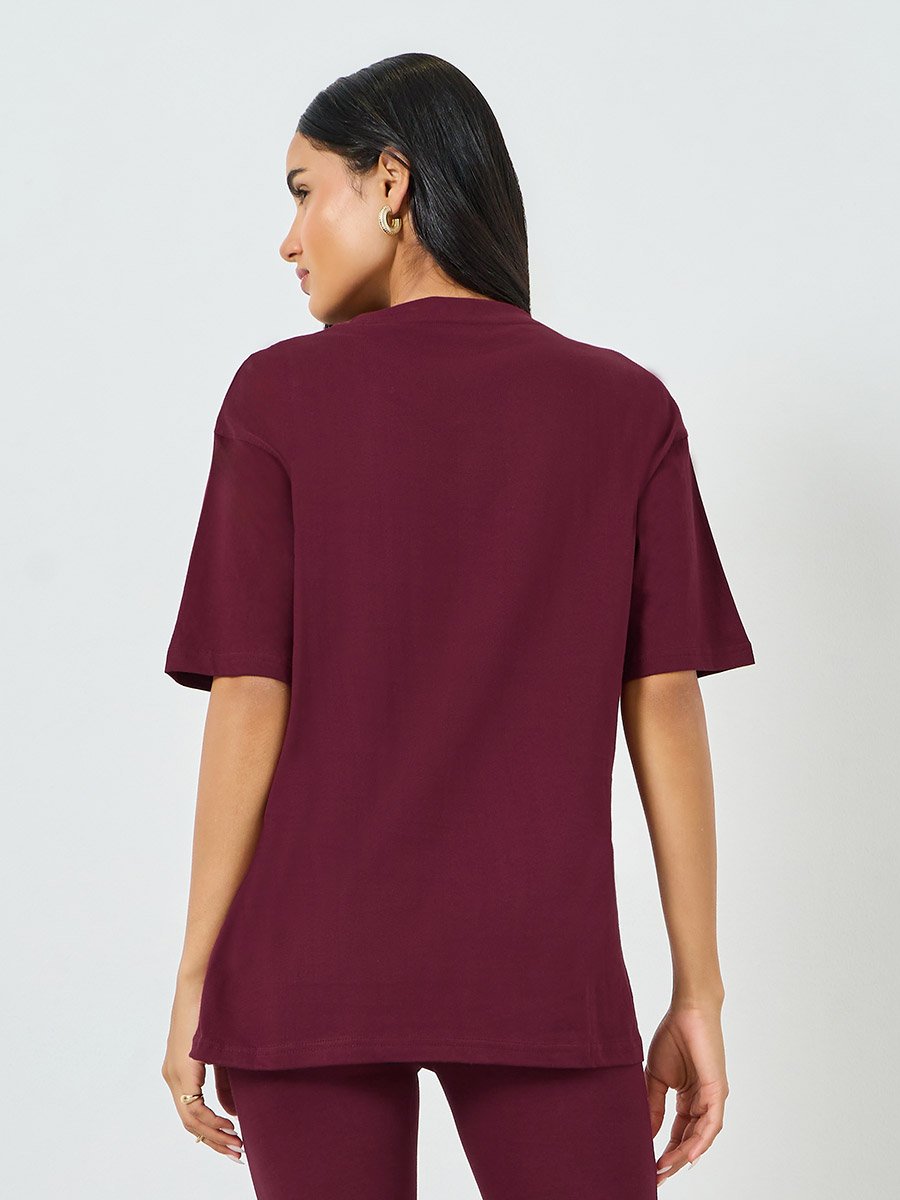 Burgundy Embroidered Oversized Cotton T-Shirt