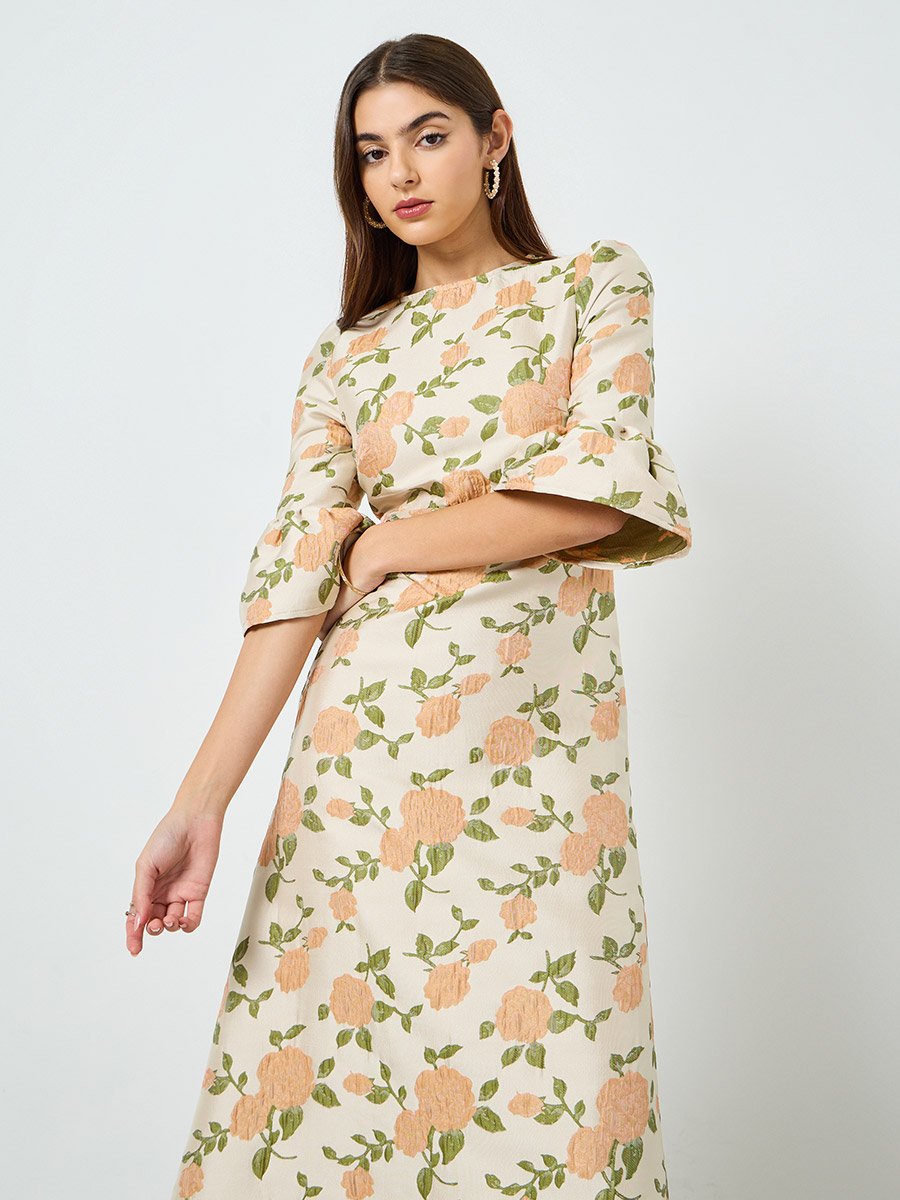 Women Beige Floral Midi Dress with 3/4 Sleeves