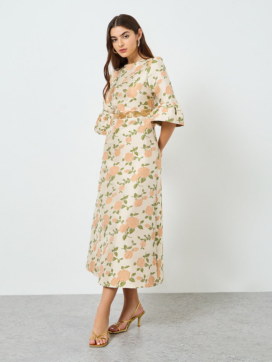 Women Beige Floral Midi Dress with 3/4 Sleeves