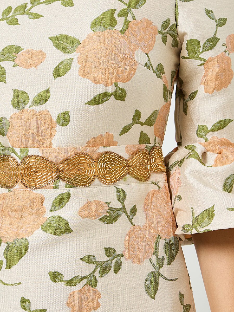 Women Beige Floral Midi Dress with 3/4 Sleeves