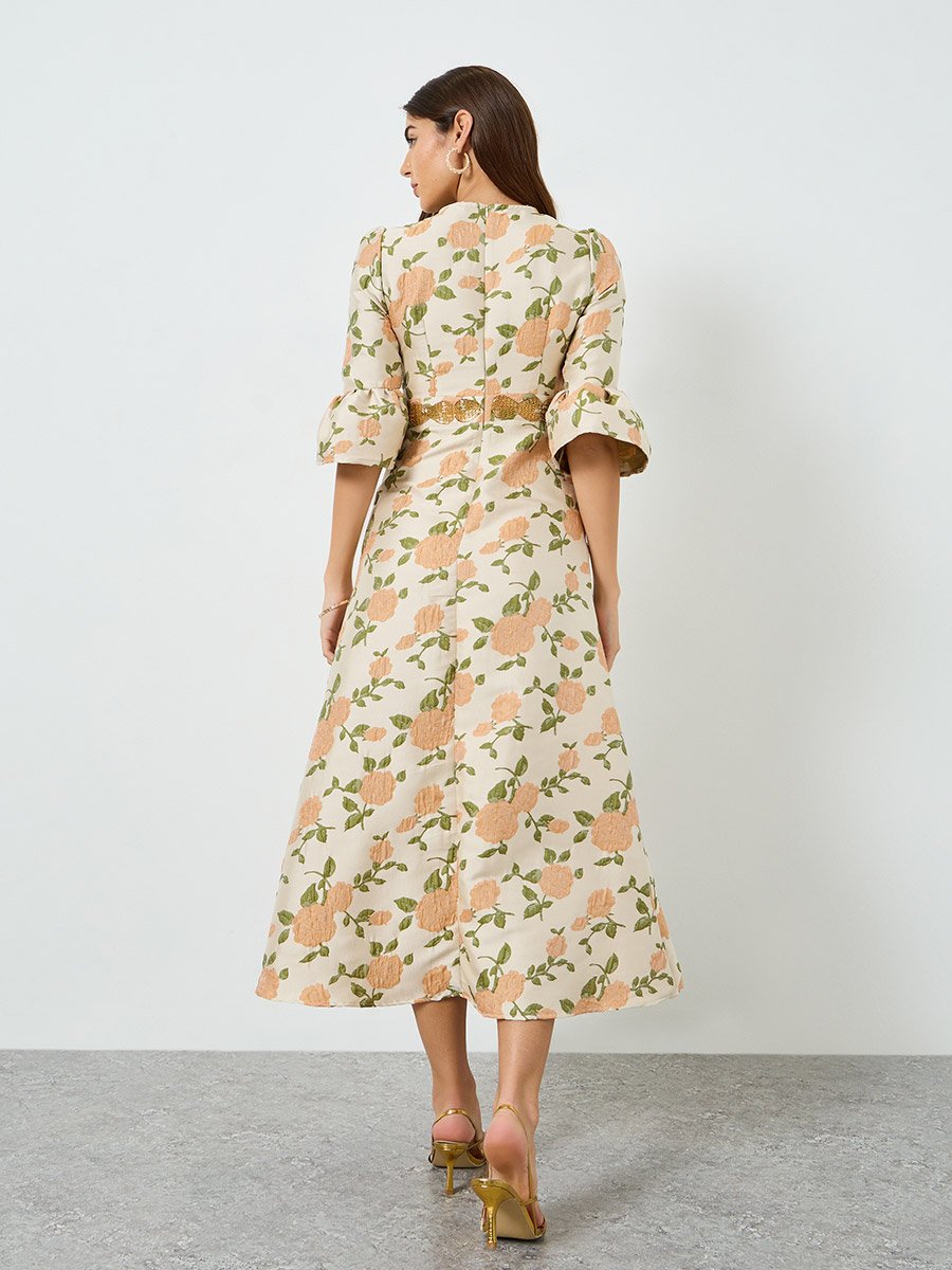 Women Beige Floral Midi Dress with 3/4 Sleeves