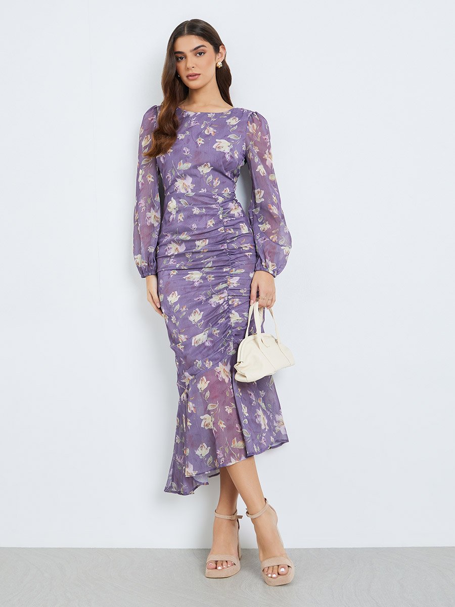 Women Floral Balloon Sleeves Mermaid Midi Dress For Women at UAE | Styli