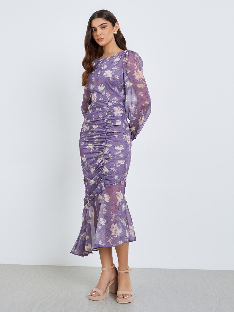 Women Floral Balloon Sleeves Mermaid Midi Dress