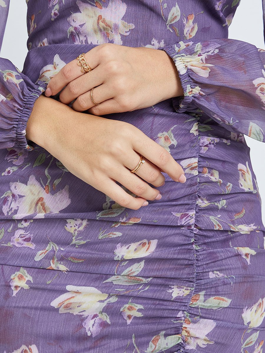 Women Floral Balloon Sleeves Mermaid Midi Dress