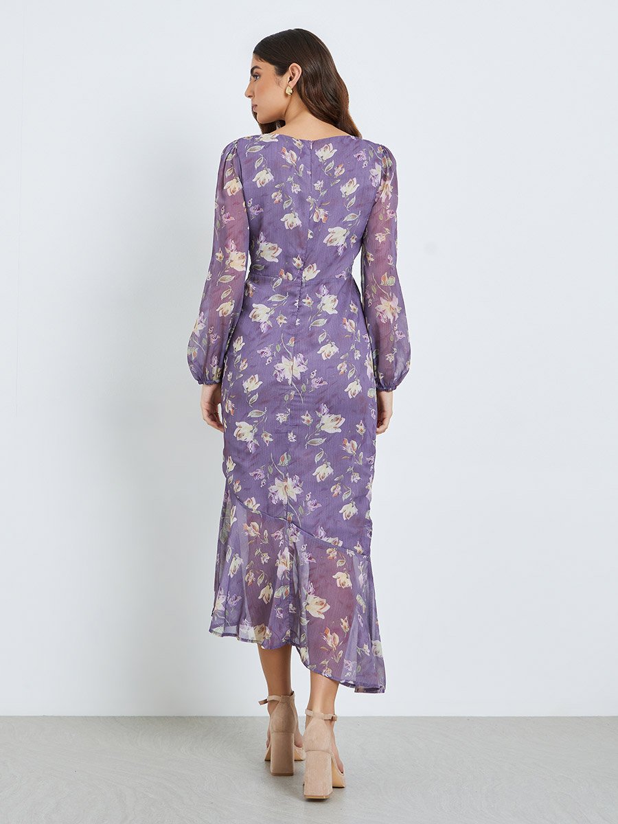 Women Floral Balloon Sleeves Mermaid Midi Dress For Women at UAE | Styli