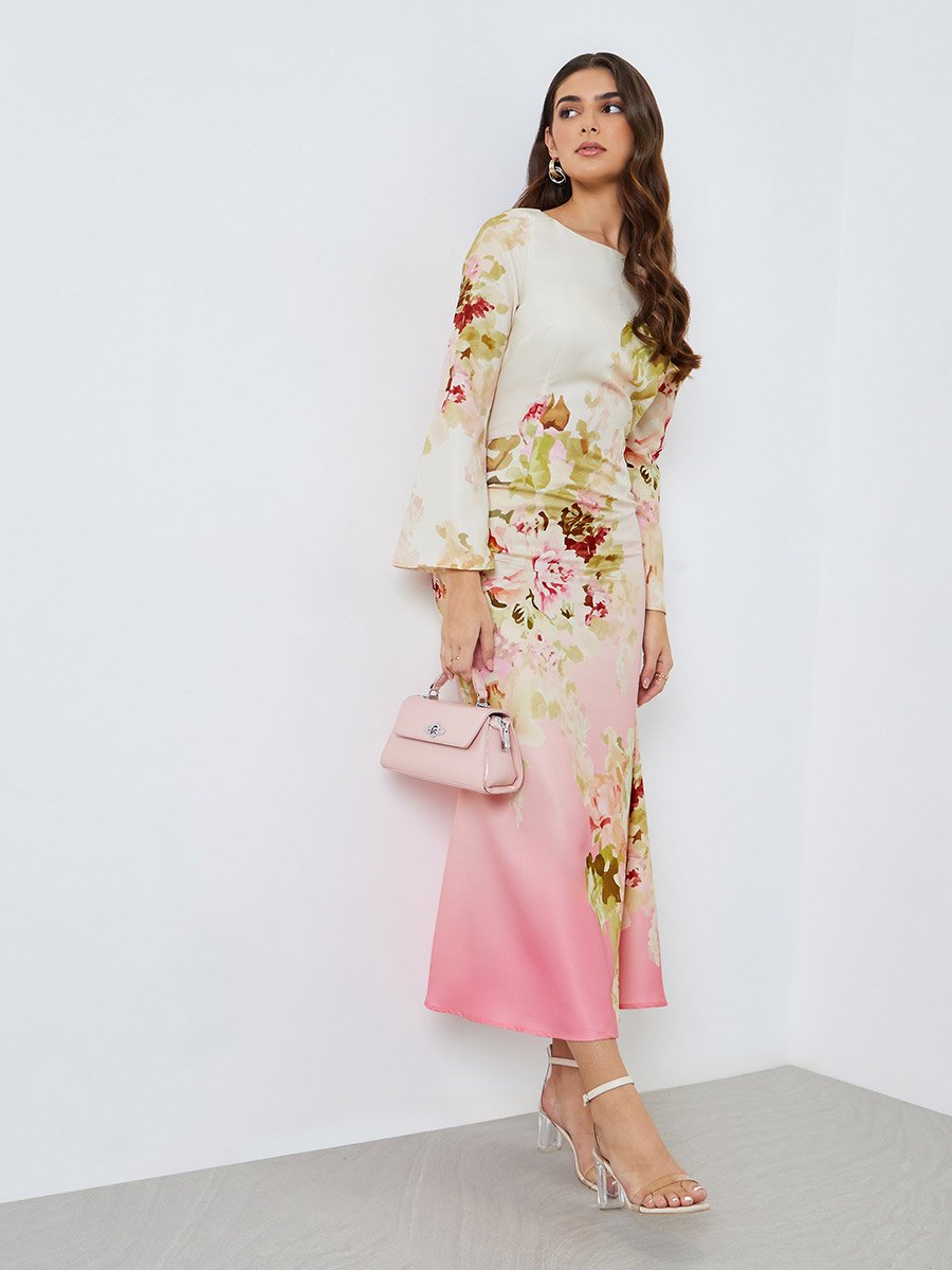 Floral Bell Sleeves Mermaid Hem Maxi Dress