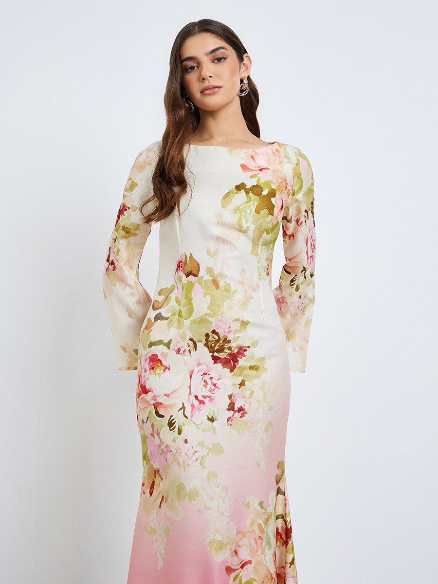 Floral Bell Sleeves Mermaid Hem Maxi Dress