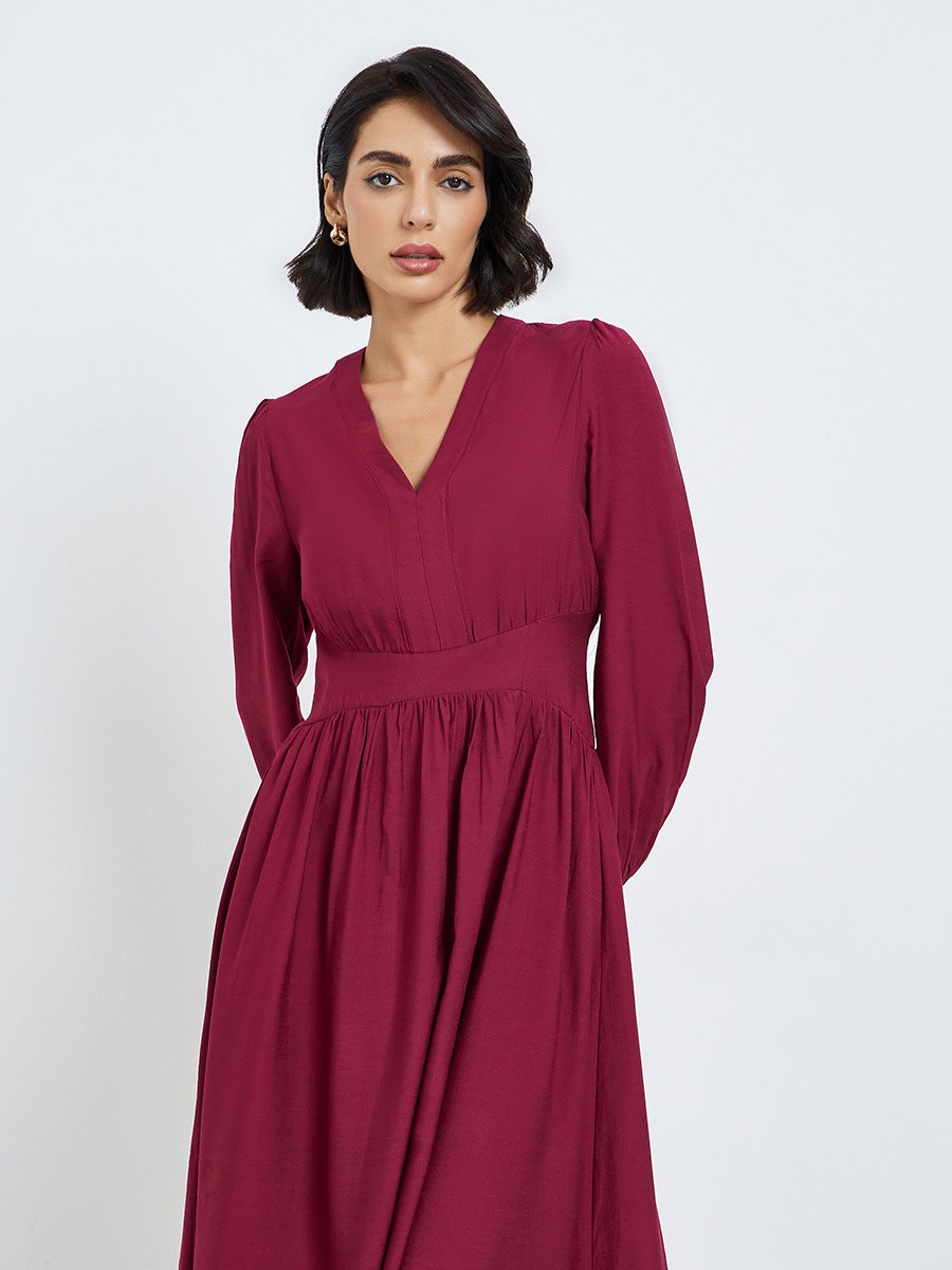 Women Red Balloon Sleeves A-Line Midi Dress