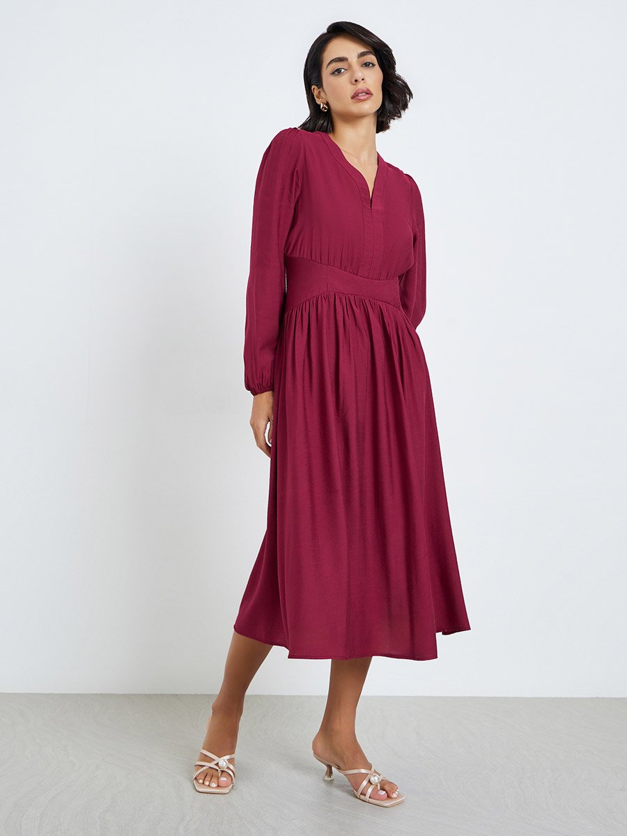 Women Red Balloon Sleeves A-Line Midi Dress