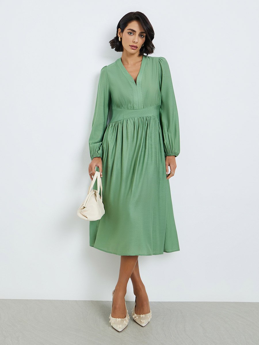 Women Green Balloon Sleeves A-Line Midi Dress