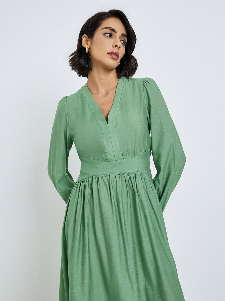 Women Green Balloon Sleeves A-Line Midi Dress