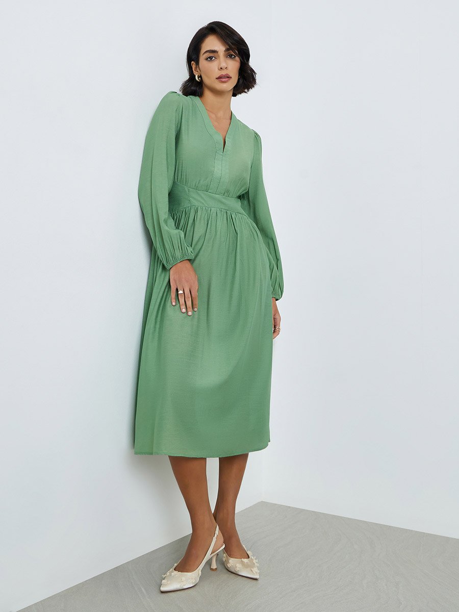 Women Green Balloon Sleeves A-Line Midi Dress