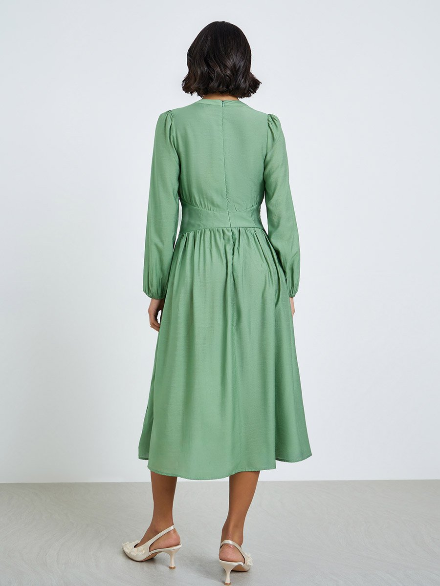 Women Green Balloon Sleeves A-Line Midi Dress