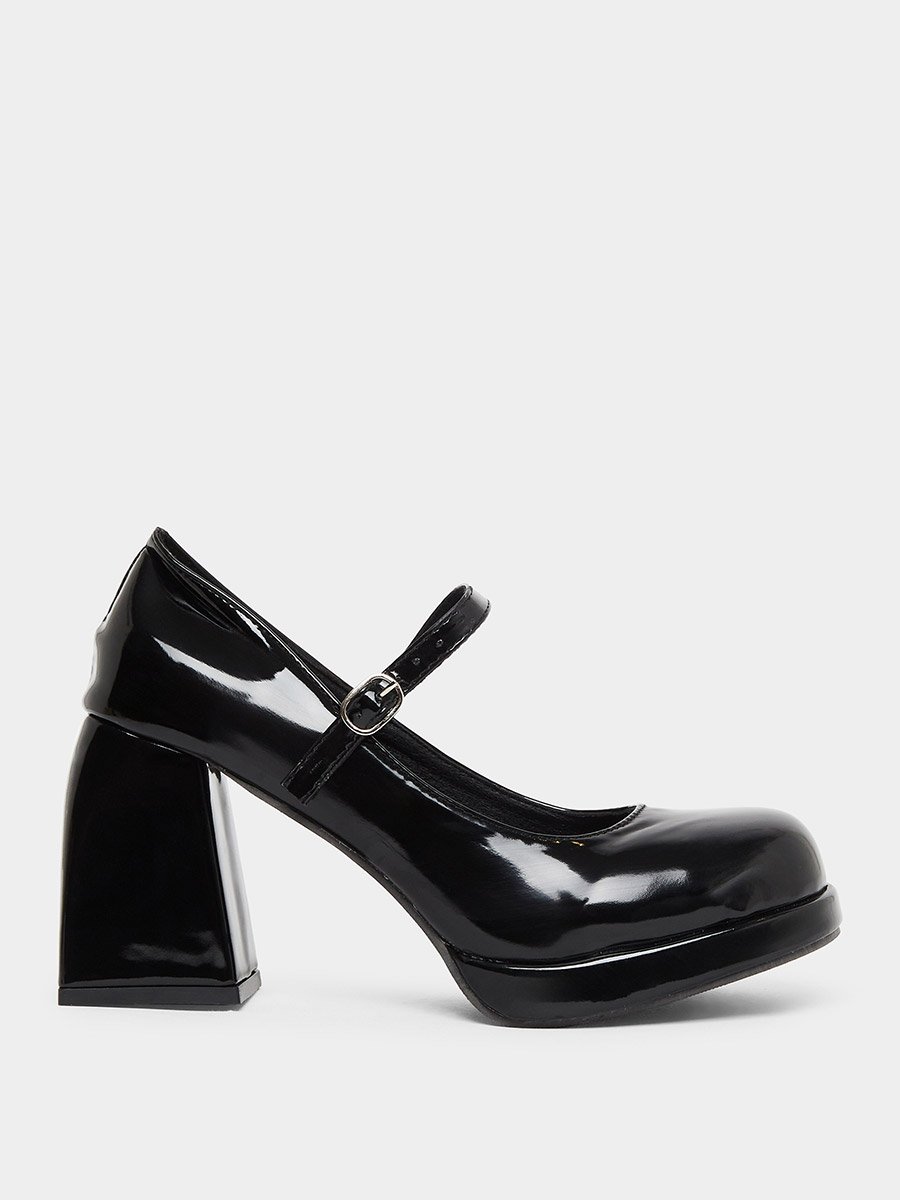 Solid Strap Patent Leather Chunky Heel Shoes