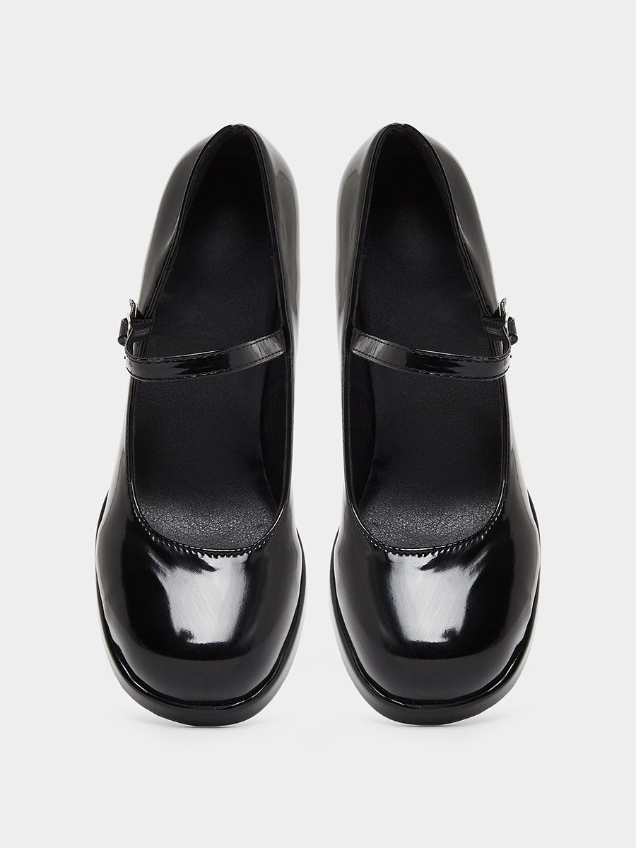 Solid Strap Patent Leather Chunky Heel Shoes