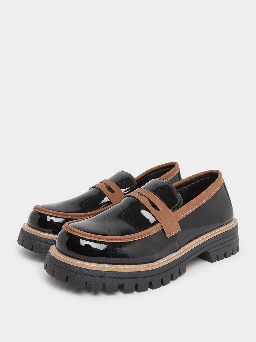 Black Metal Buckle Detail Thick Sole Platform Loafers