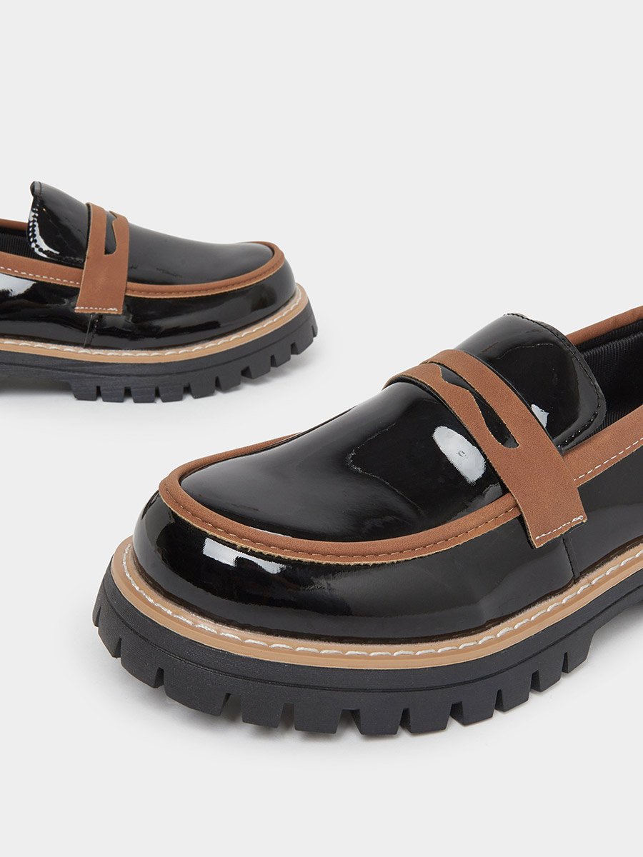 Black Metal Buckle Detail Thick Sole Platform Loafers