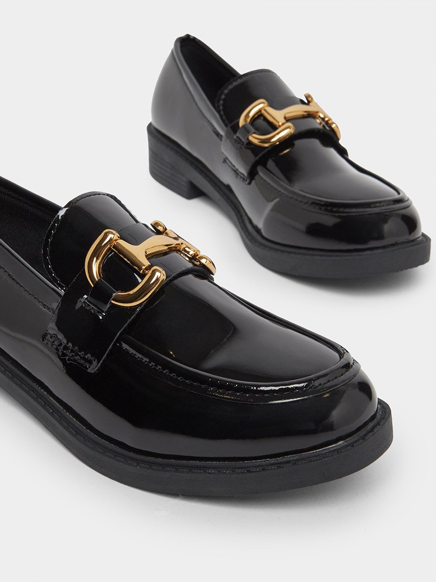 Black Metal Buckle Detail Patent Leather Loafers