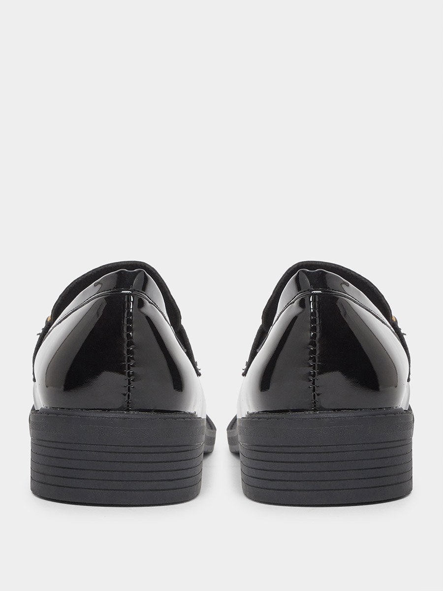 Black Metal Buckle Detail Patent Leather Loafers