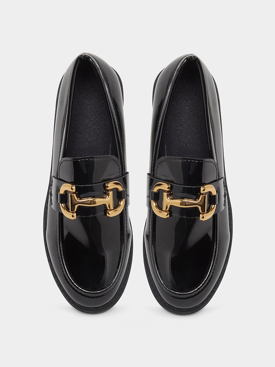 Black Metal Buckle Detail Patent Leather Loafers