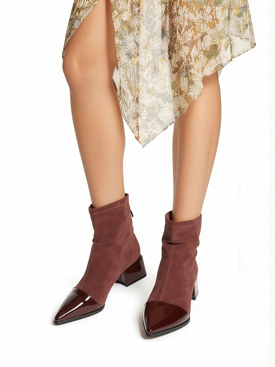 Women Burgundy Suede and Patent Ankle Boots
