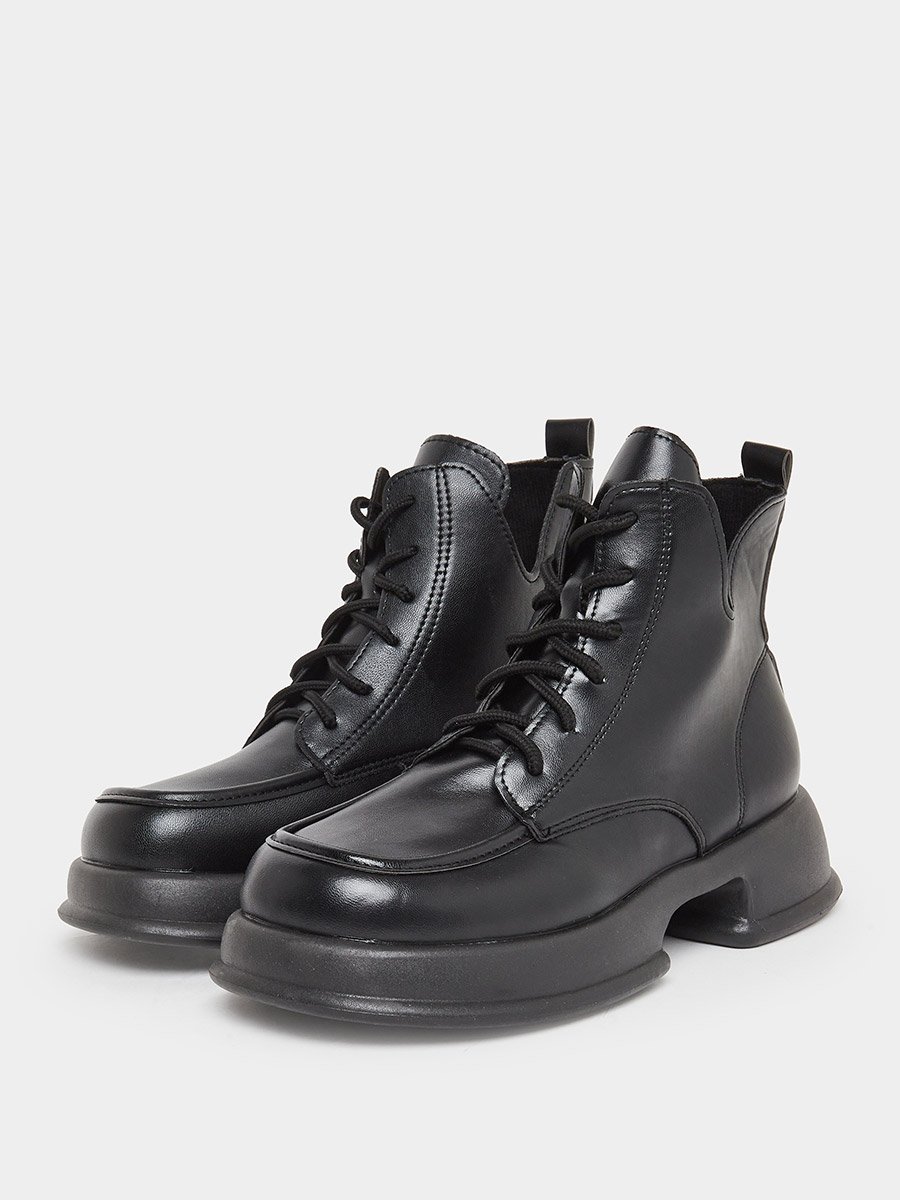 Women Black Lace-Up Chunky Heel Ankle Boots