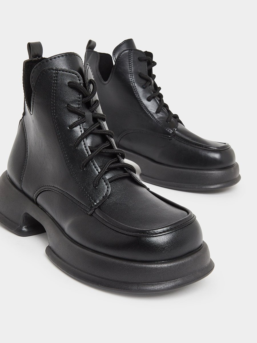 Women Black Lace-Up Chunky Heel Ankle Boots
