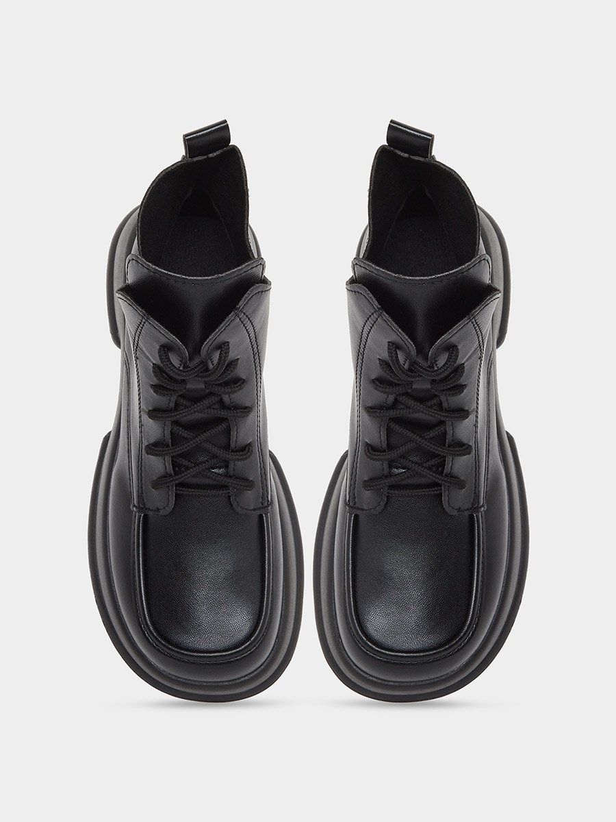 Women Black Lace-Up Chunky Heel Ankle Boots