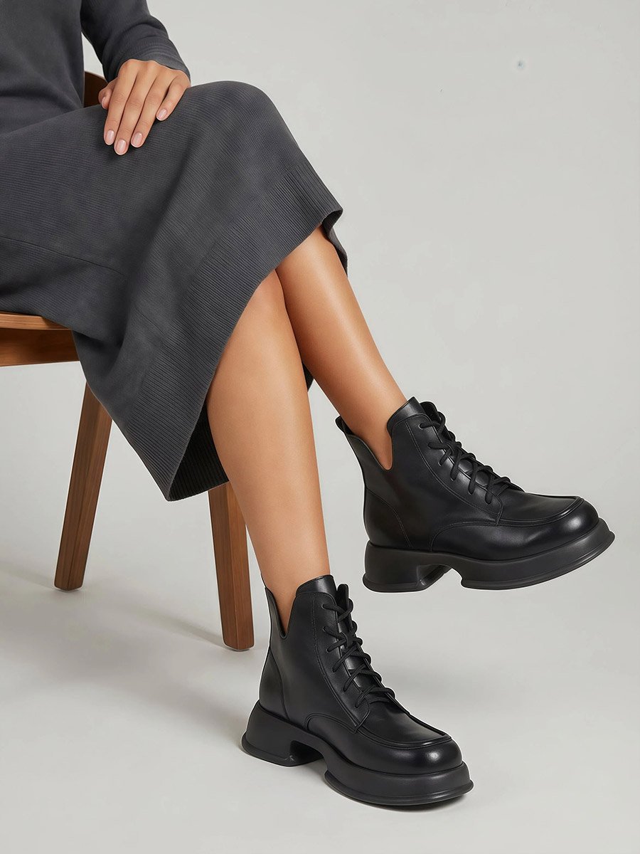 Women Black Lace-Up Chunky Heel Ankle Boots