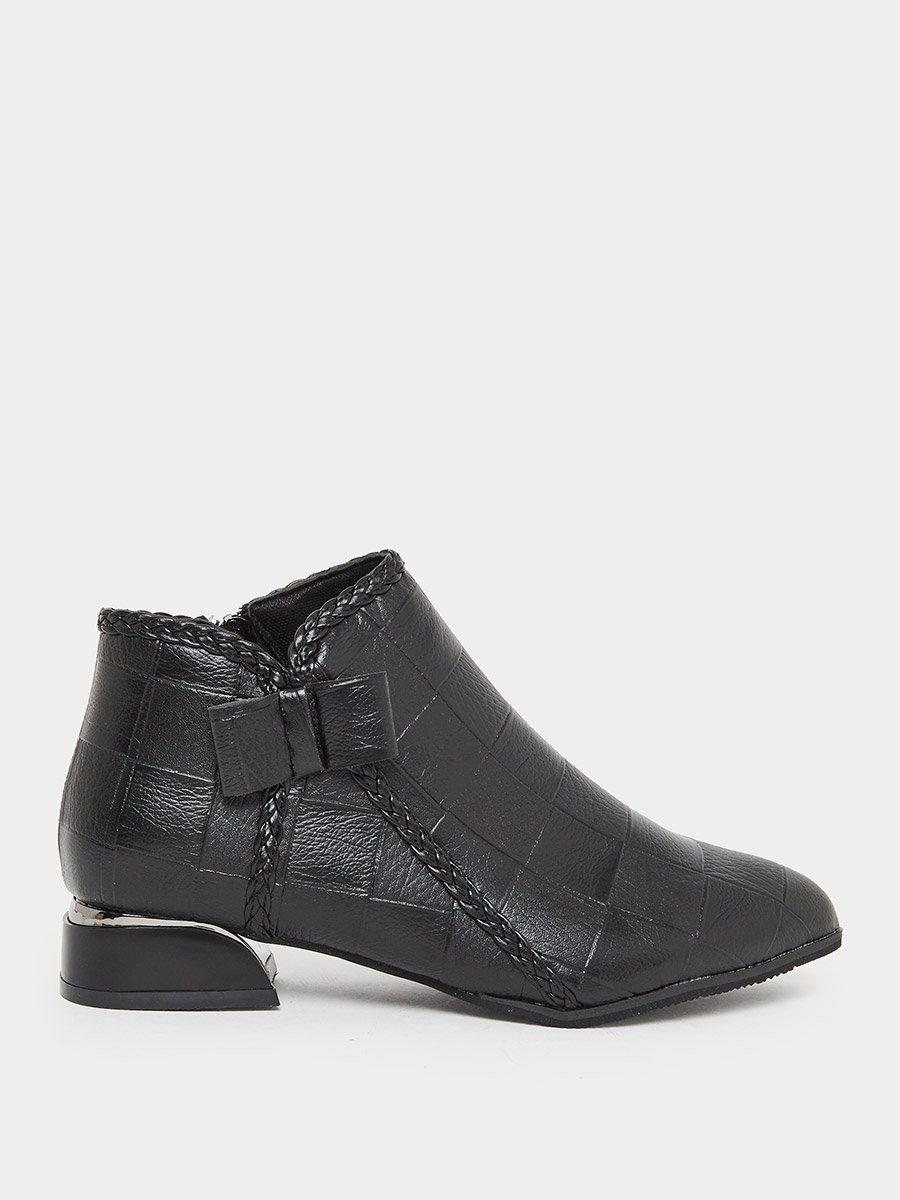 Women Black Textured Embossed Ankle Boots