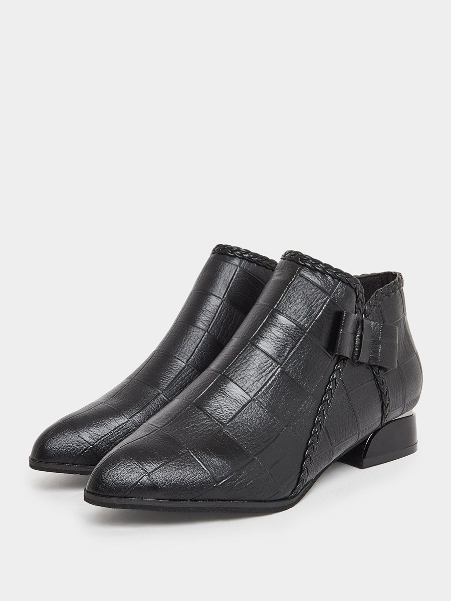 Women Black Textured Embossed Ankle Boots